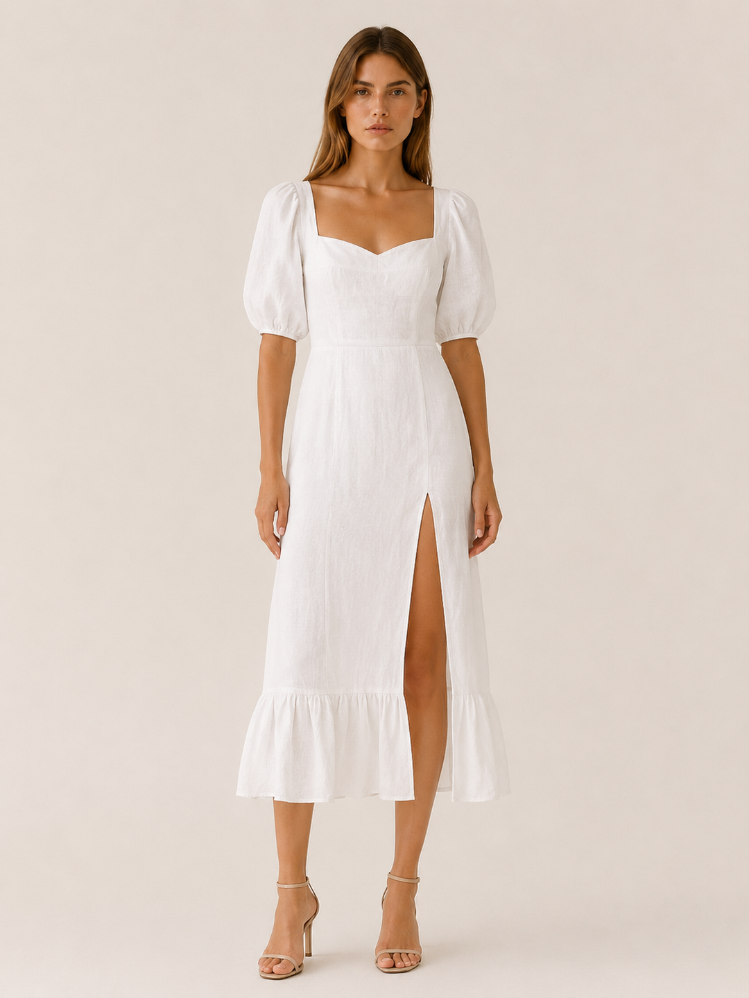 White Puff Sleeve Midi Dress with Split Hem – front view