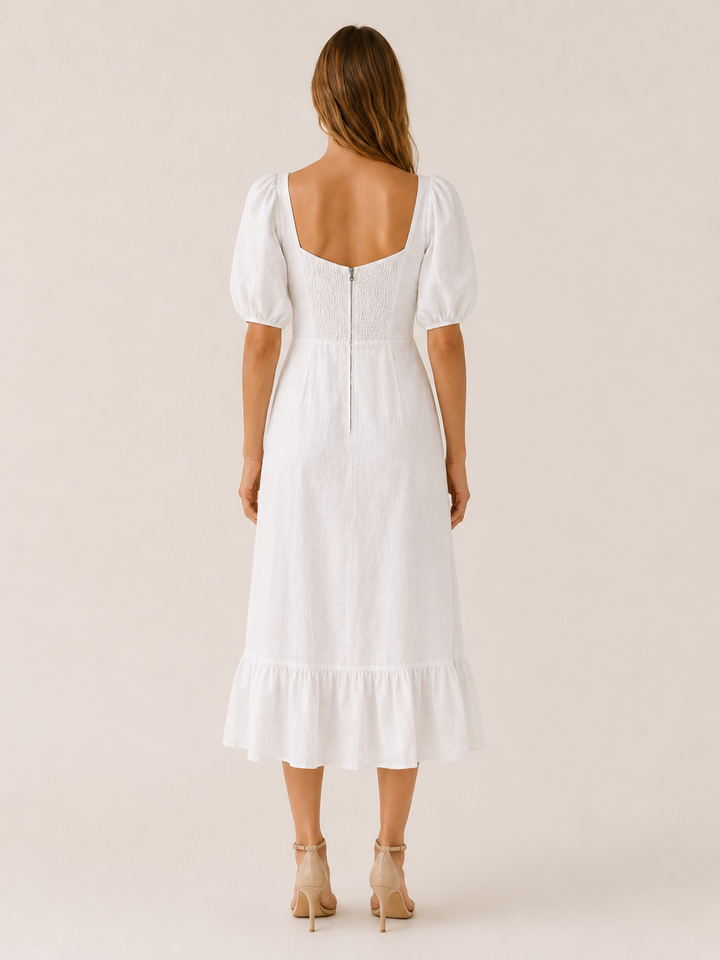 White Puff Sleeve Midi Dress with Split Hem – side view