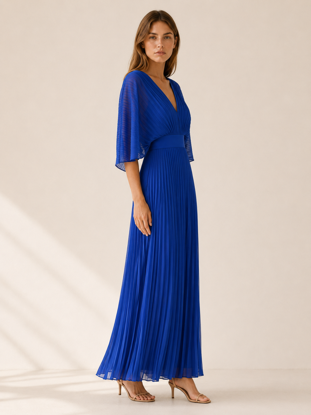 Blue Pleated Maxi Dress with V Neck – side view