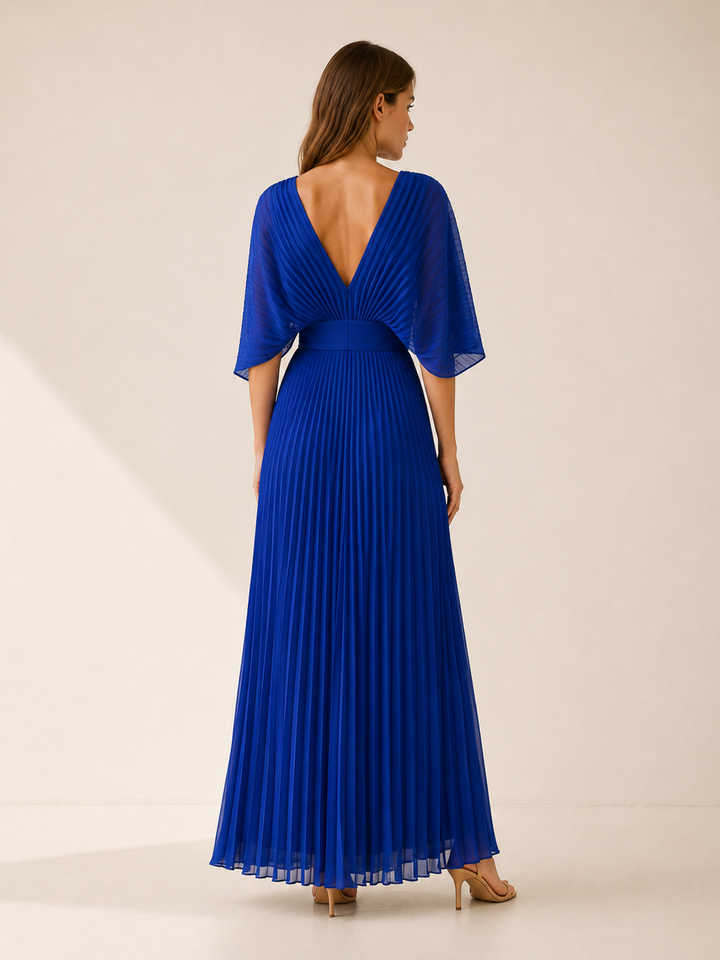Blue Pleated Maxi Dress with V Neck – back view