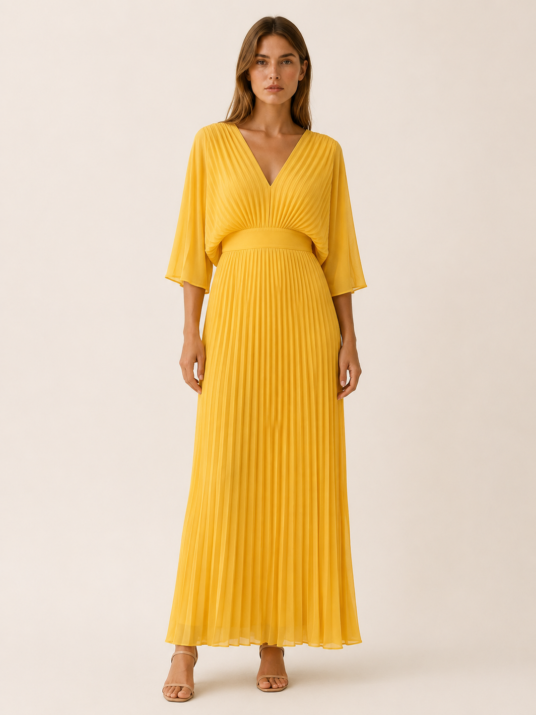 Blue Pleated Maxi Dress with V Neck – lifestyle