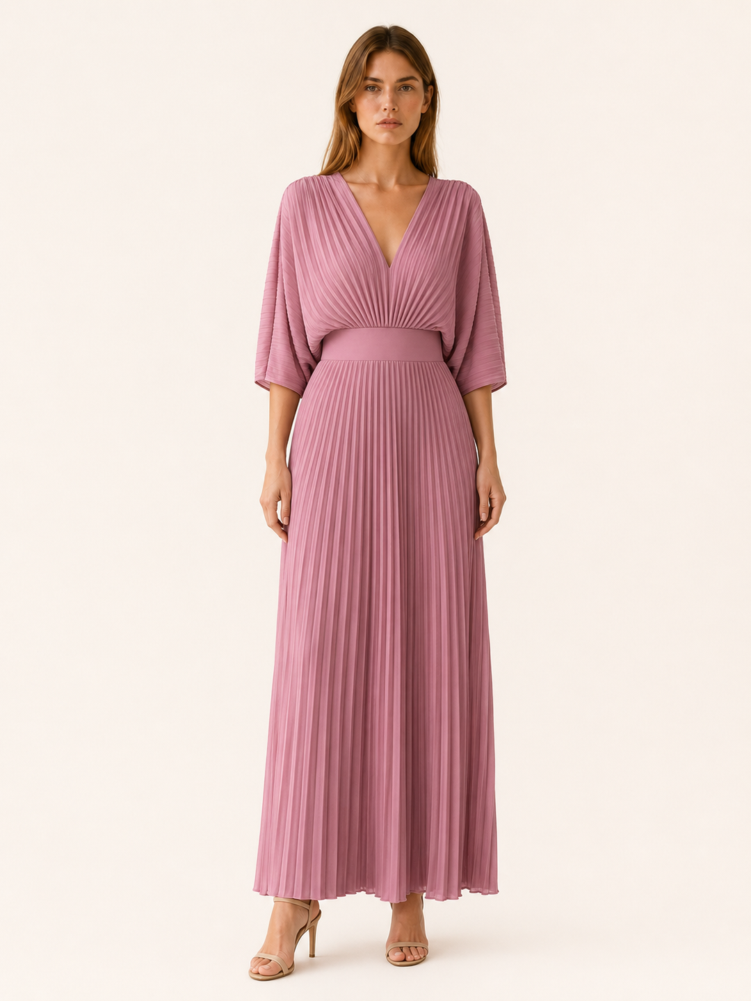 Blue Pleated Maxi Dress with V Neck – full length view