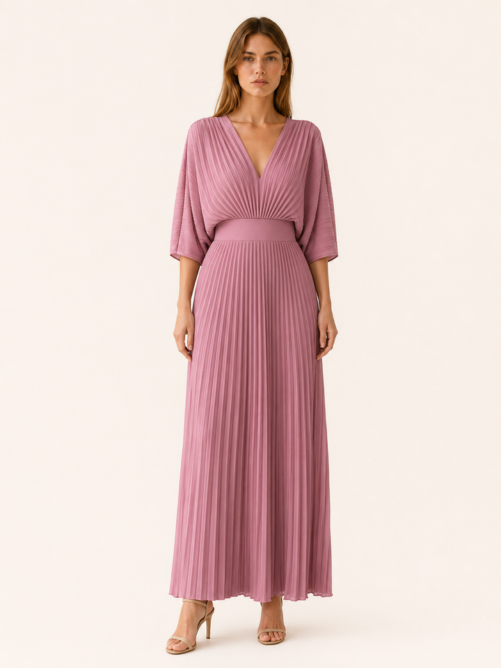 Blue Pleated Maxi Dress with V Neck – full length view
