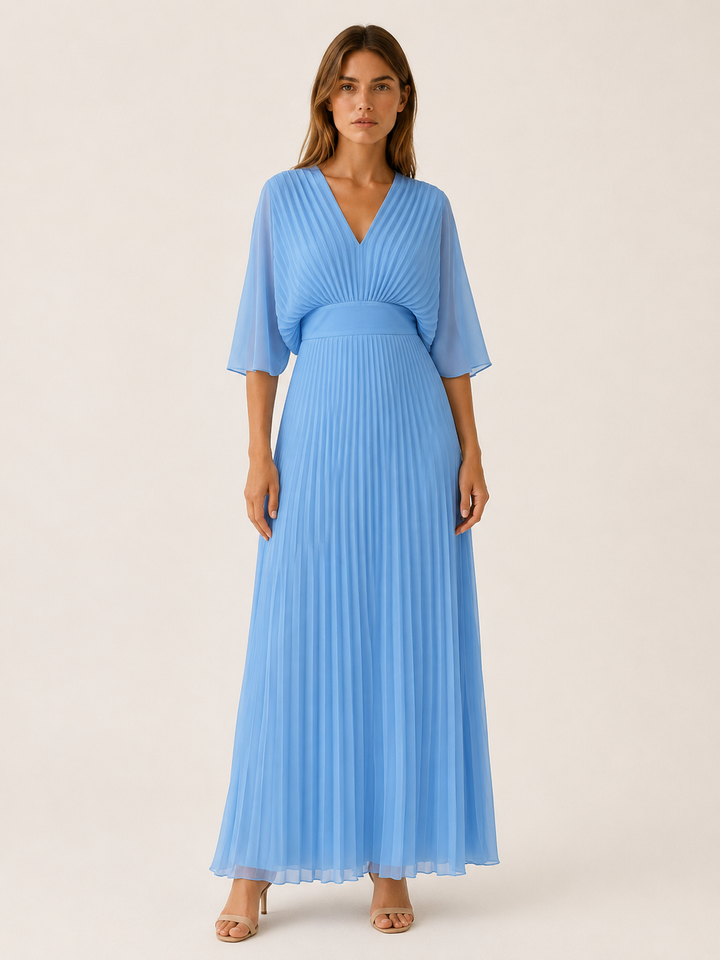 Blue Pleated Maxi Dress with V Neck – angled view