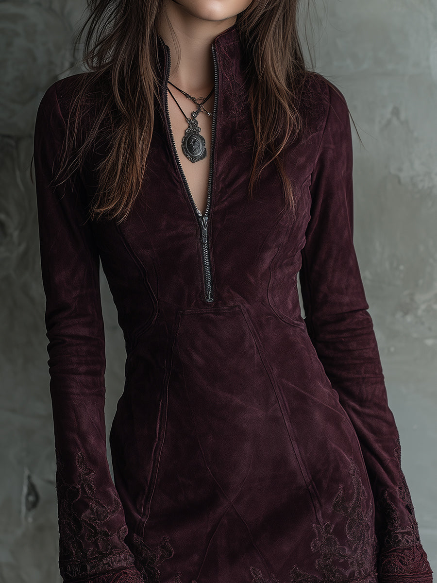 Vintage suede embroidered lace trim mini dress styled view