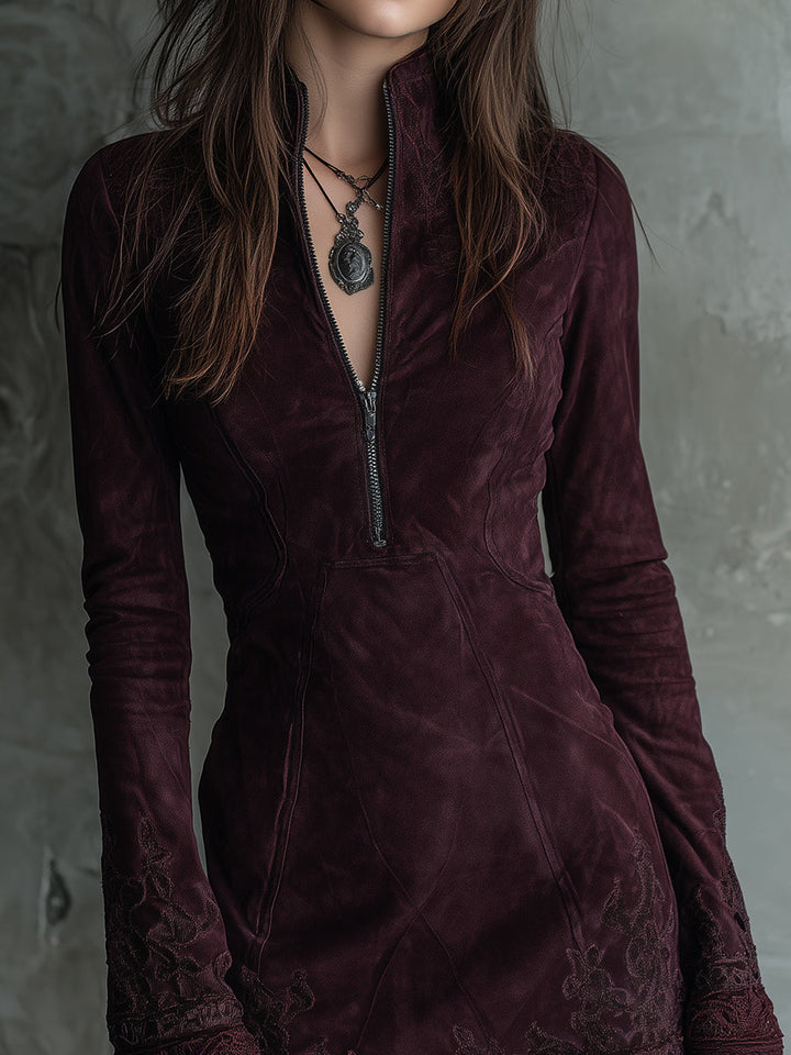 Vintage suede embroidered lace trim mini dress styled view