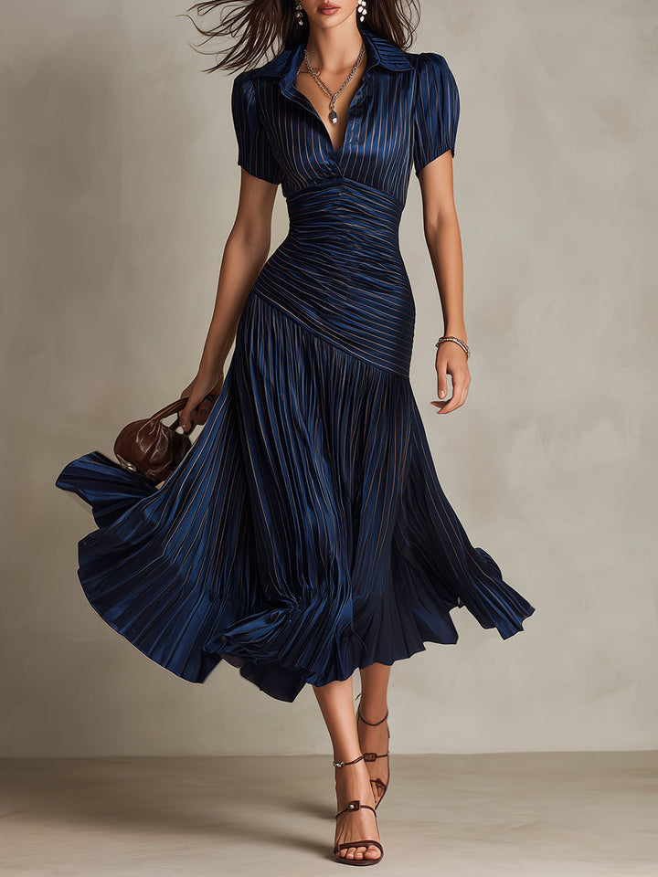 Retro striped satin pleated bodycon midi dress front view