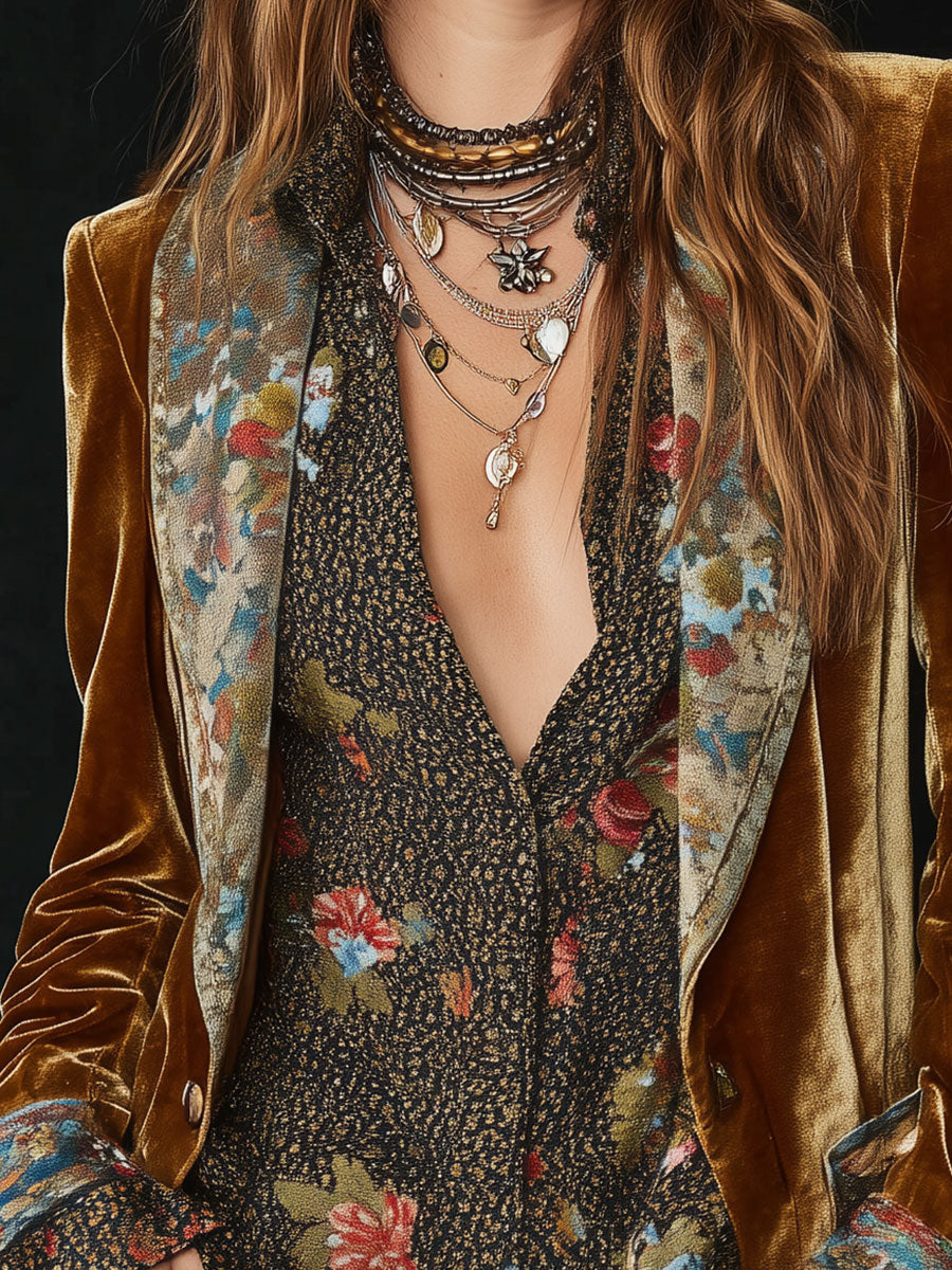Floral velvet patchwork blazer back view