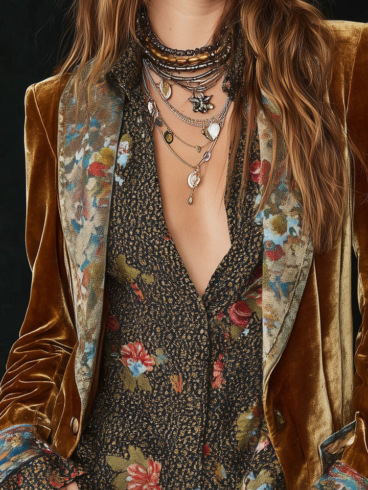Floral velvet patchwork blazer back view