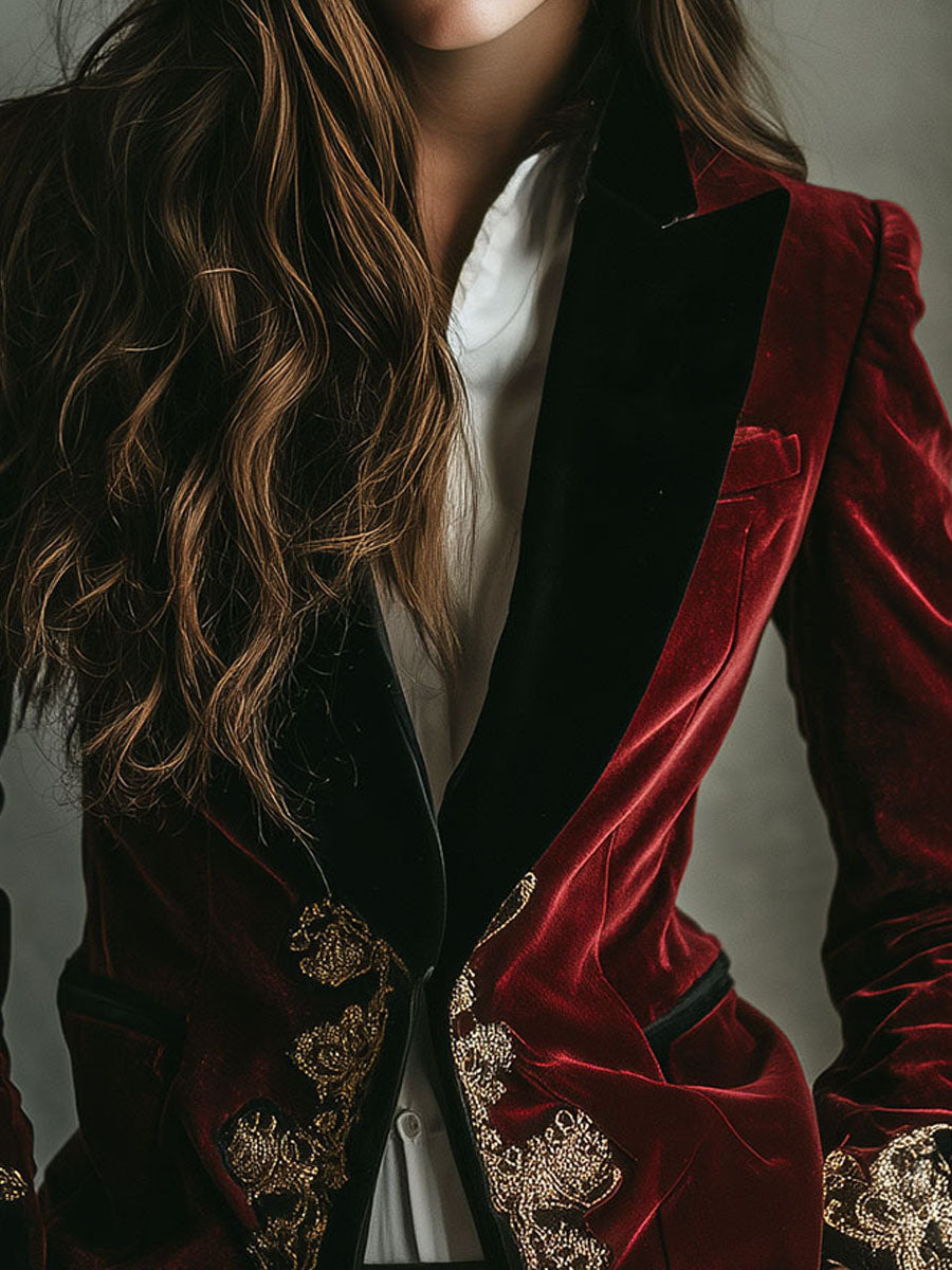 Black gold luxury velvet blazer full length view