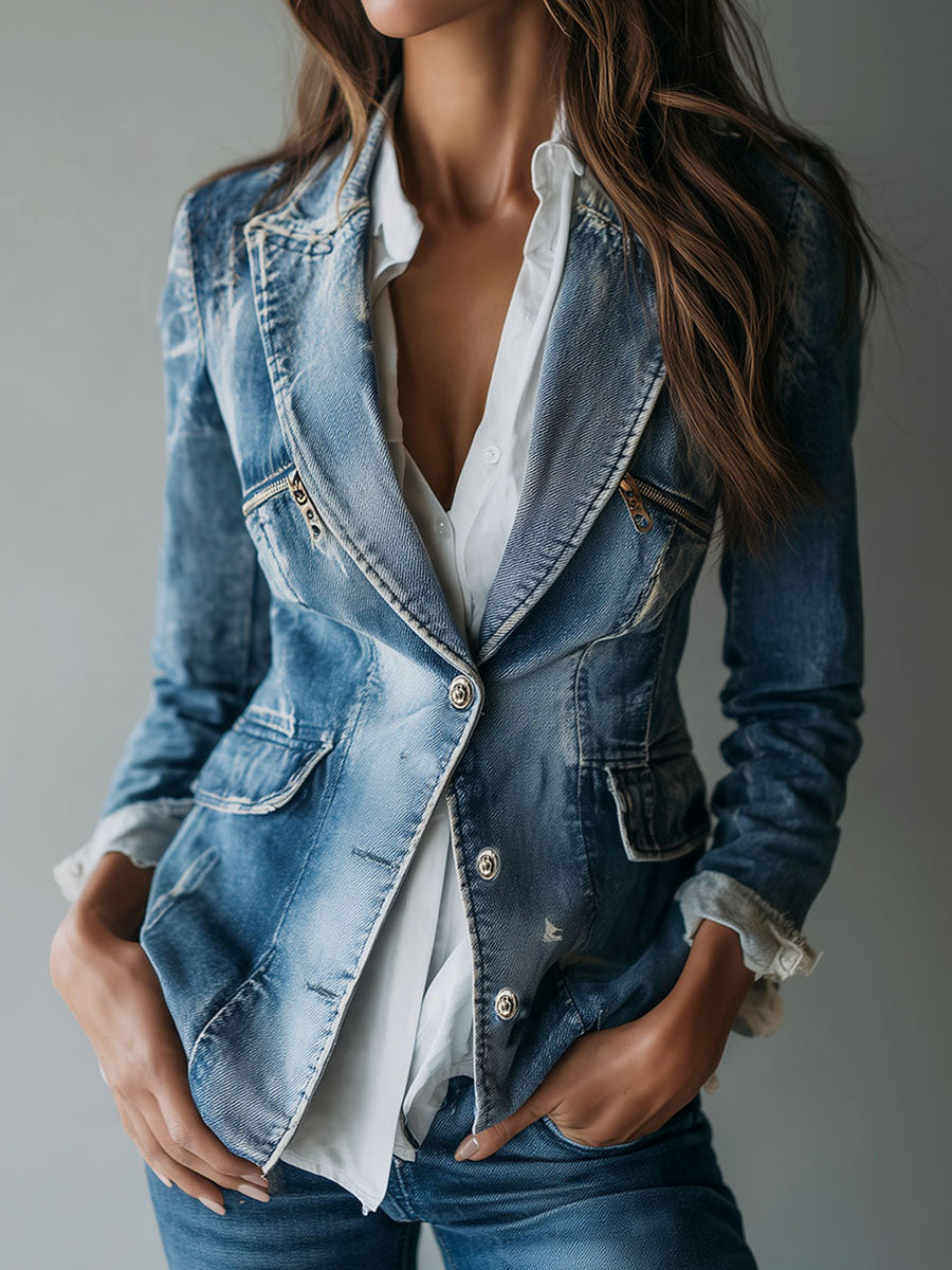 Vintage washed denim tailored blazer front view