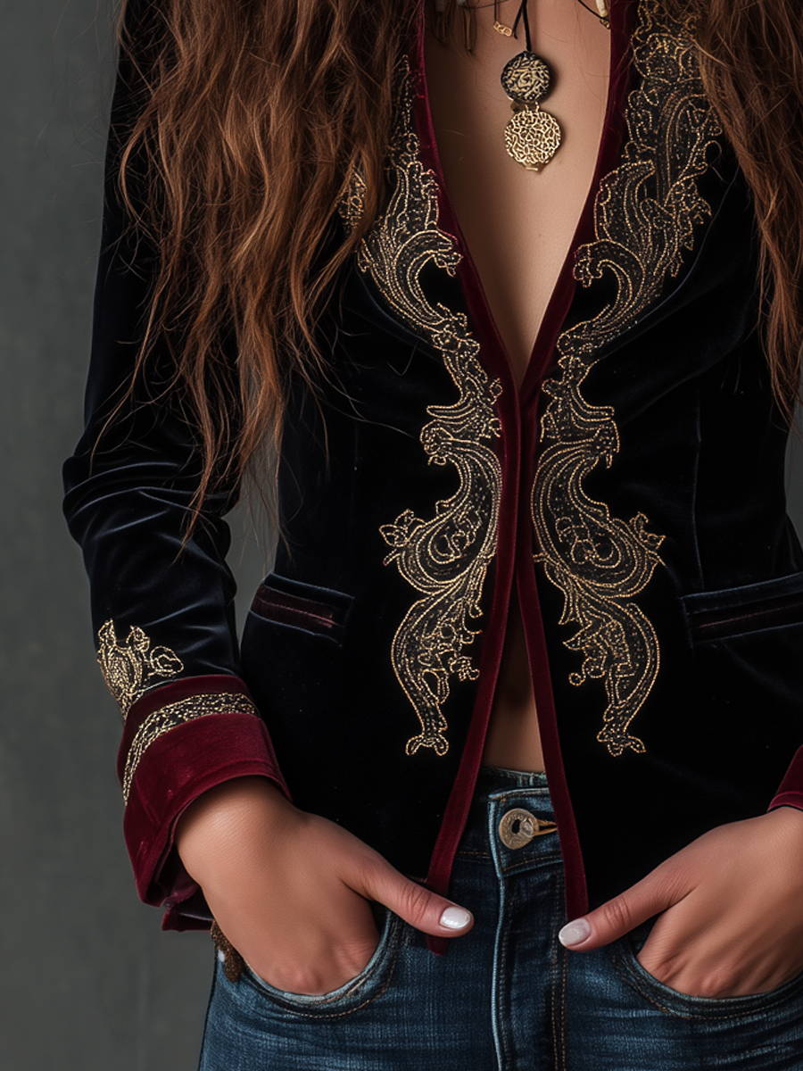 Vintage baroque velvet blazer detail view