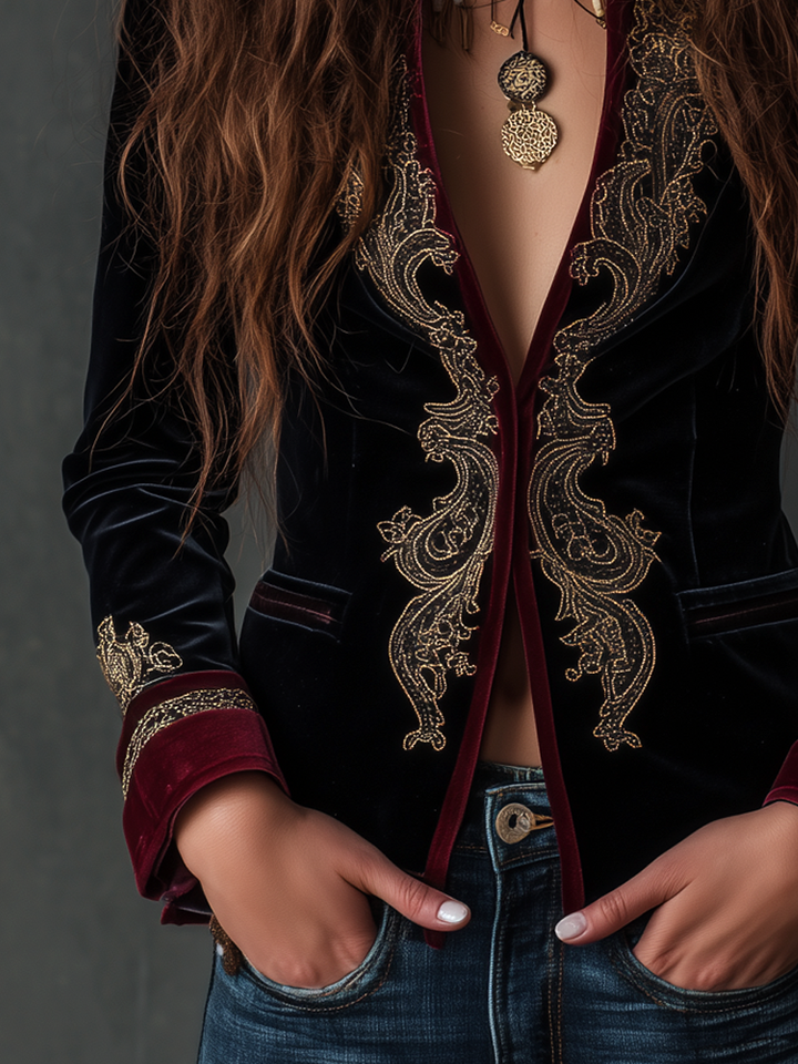 Vintage baroque velvet blazer detail view