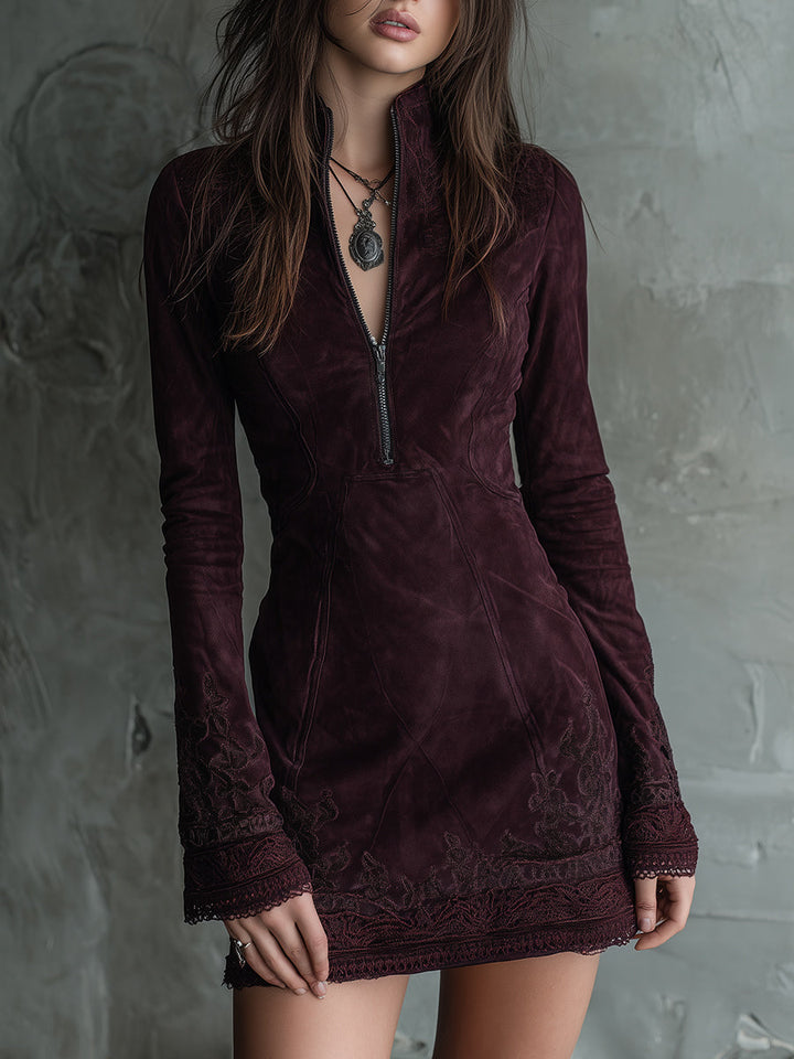 Vintage suede embroidered lace trim mini dress front view