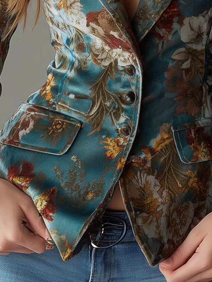 Teal floral velvet blazer styled look
