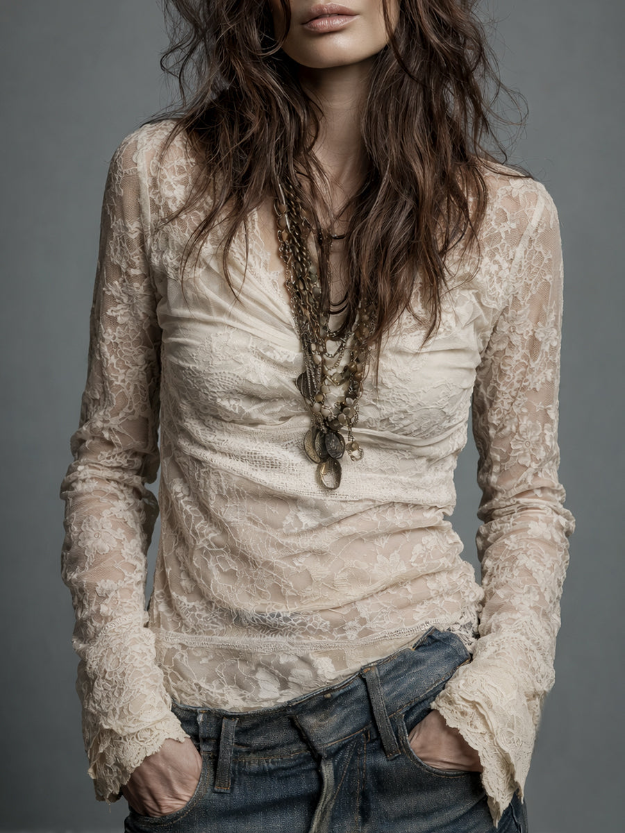 Vintage cowl neck lace long sleeve blouse front view