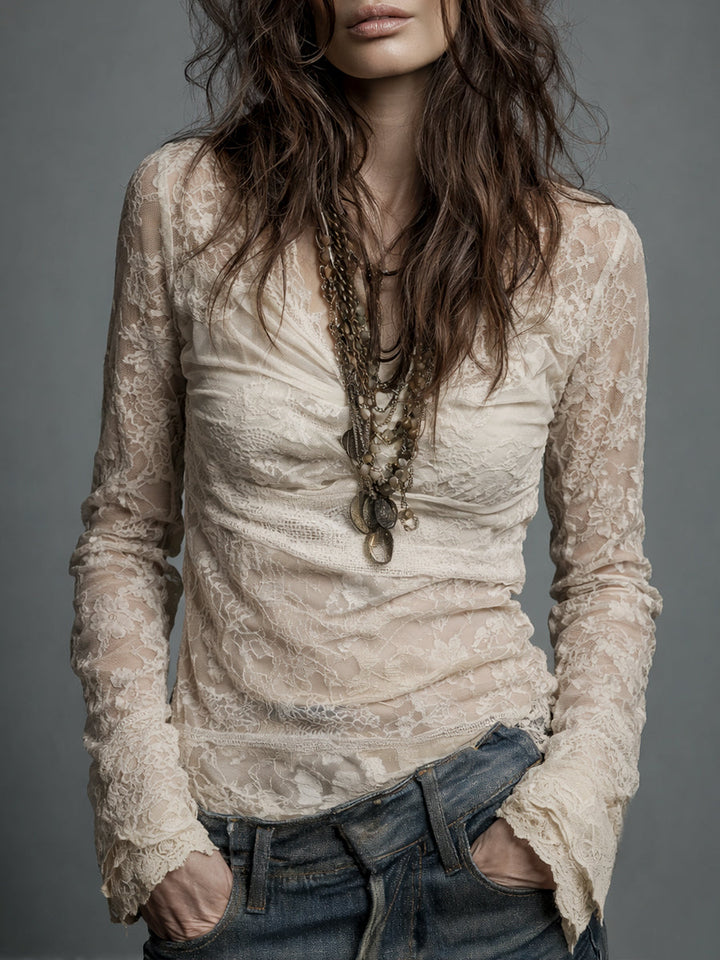 Vintage cowl neck lace long sleeve blouse front view