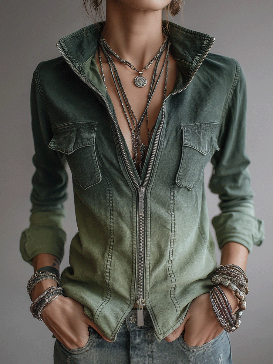 Casual green gradient denim zip-up workwear blouse front view