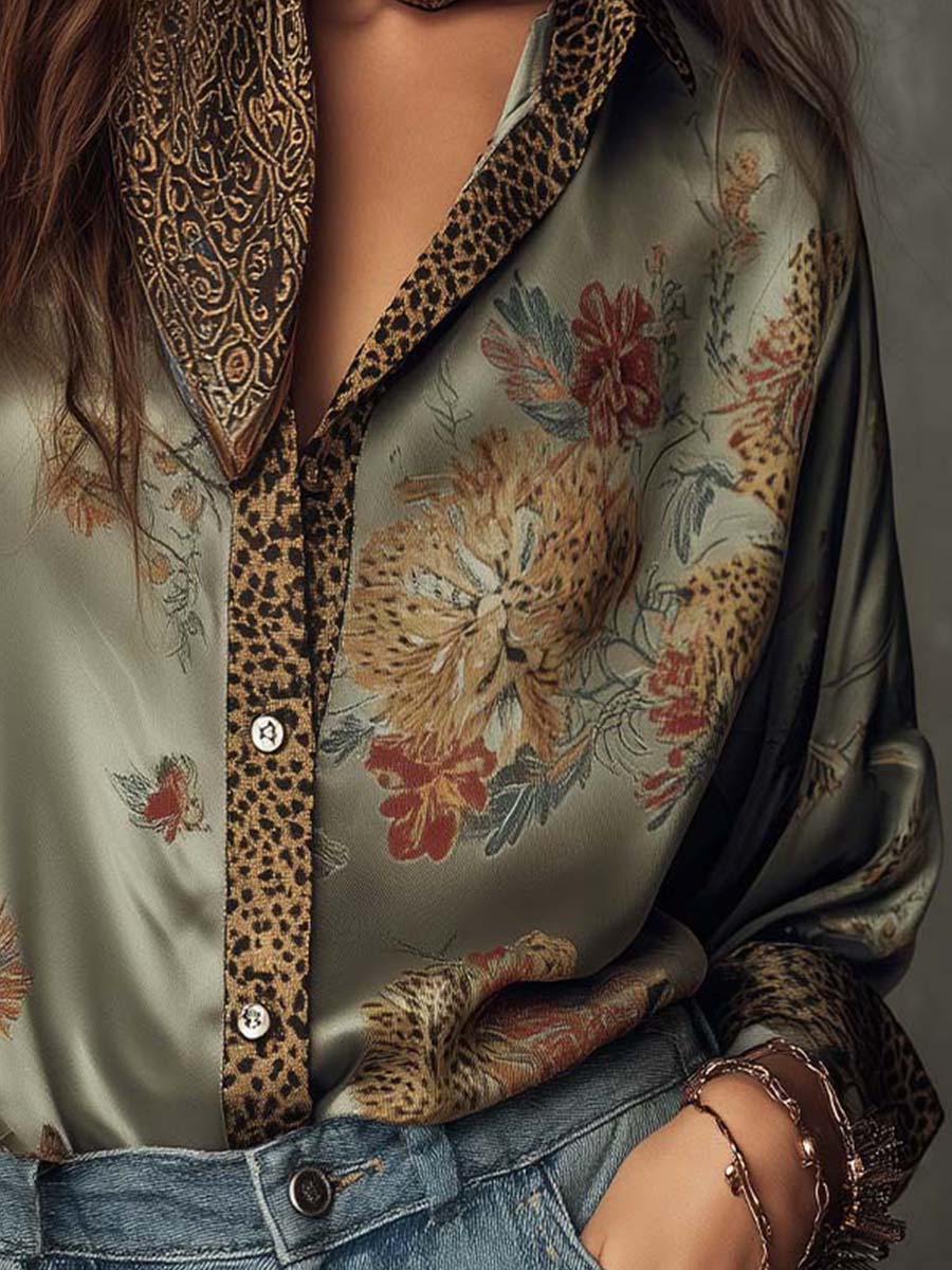 Satin floral shirt with leopard trim styled look