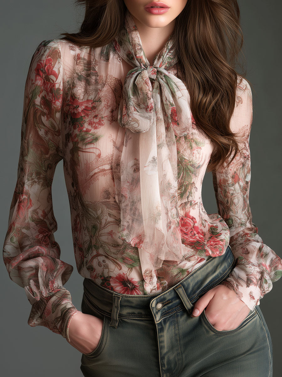 Retro romantic floral chiffon bow-tie blouse front view