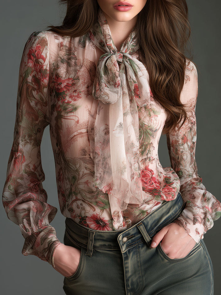 Retro romantic floral chiffon bow-tie blouse front view