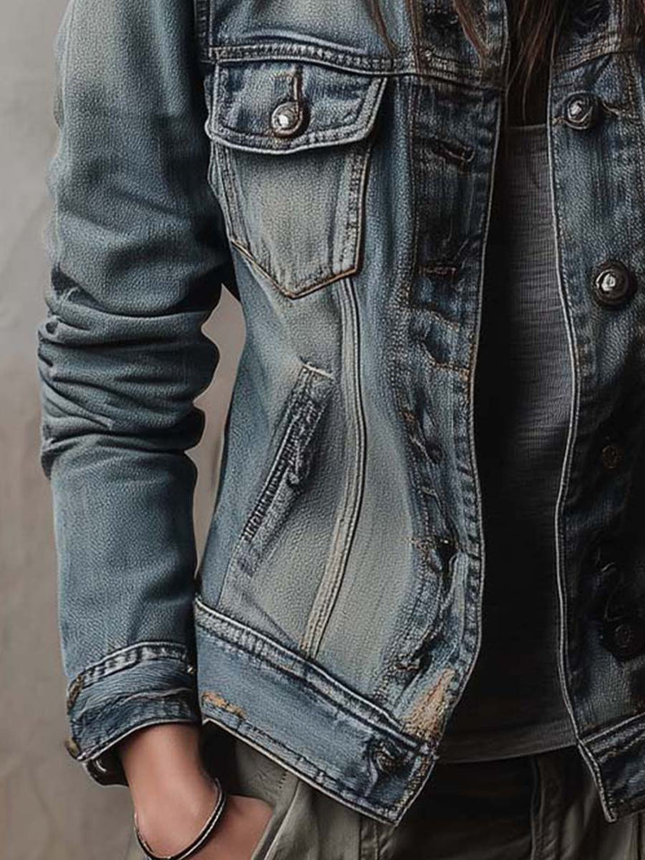 Washed denim jacket with epaulettes styled look