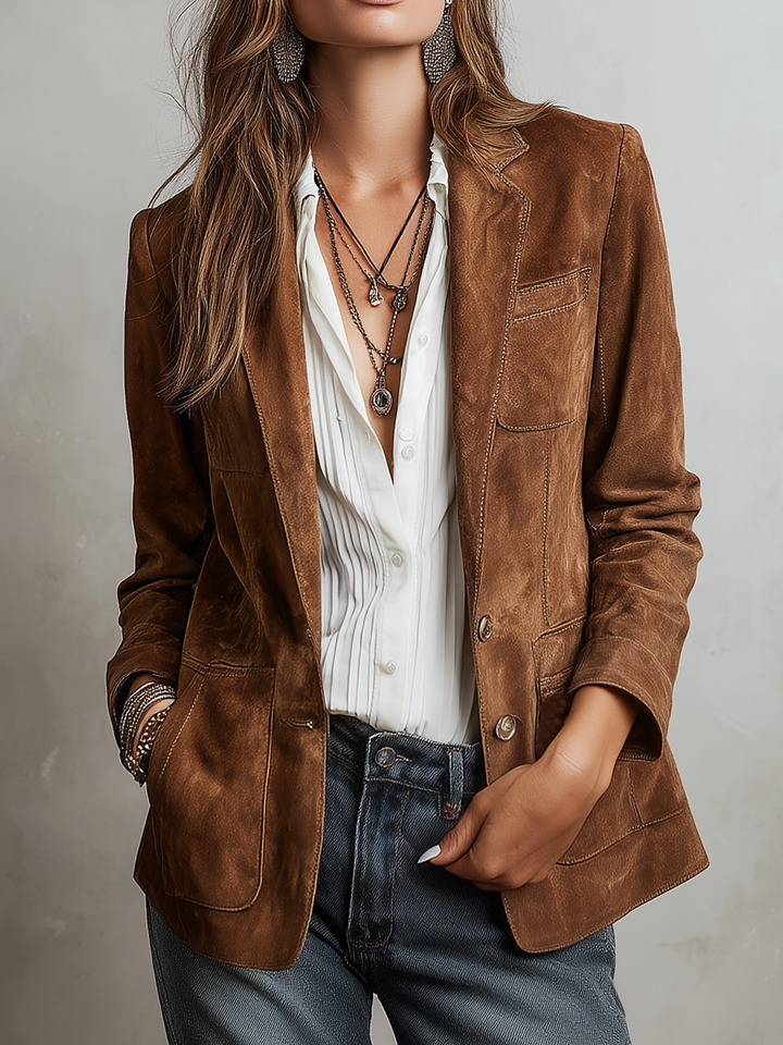Retro contrast stitching eco suede jacket front view