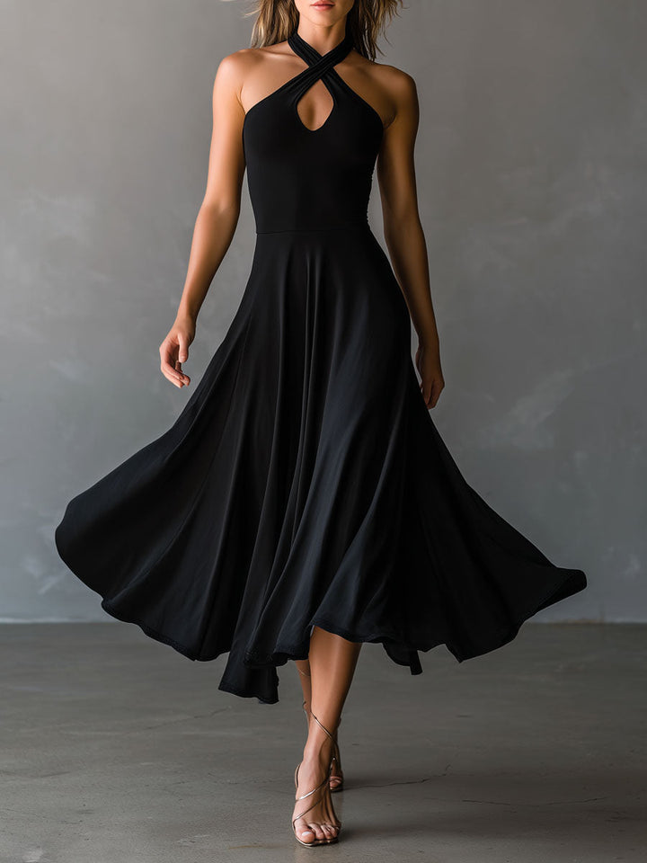 Black halter cross tie-back A-line midi dress front view