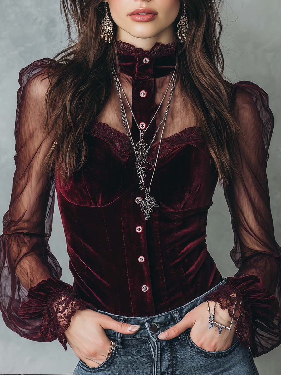 Retro velvet sheer sleeve blouse front view