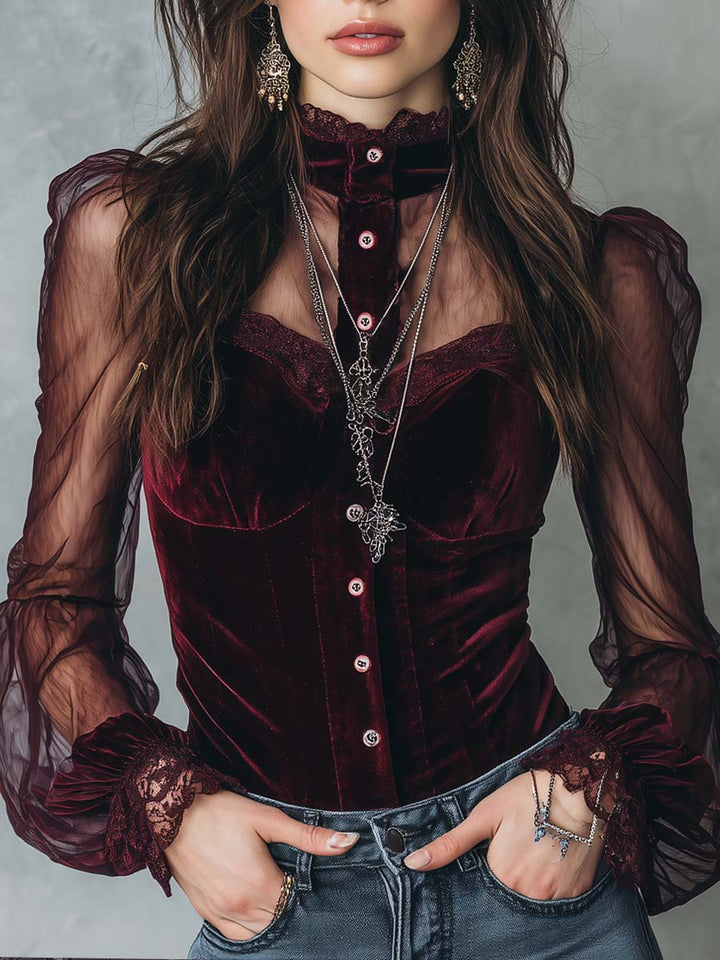 Retro velvet sheer sleeve blouse front view