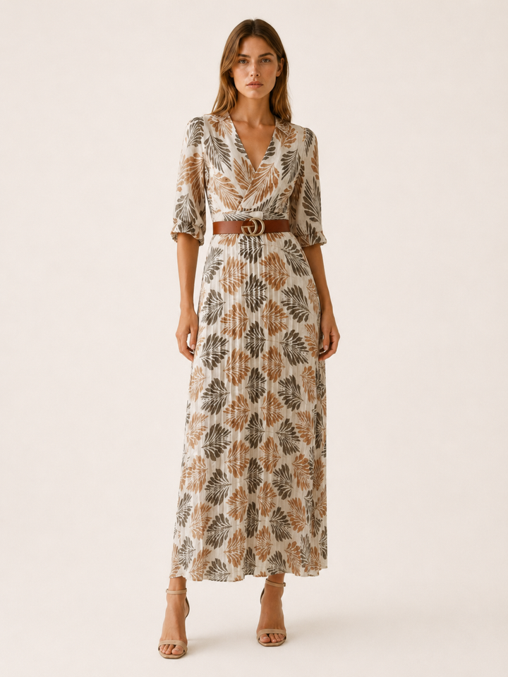 Floral Patterned Maxi Dress with Elbow Sleeves – front view