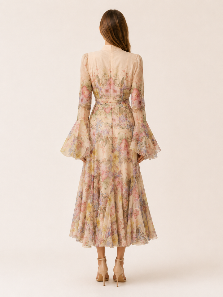 Apricot Floral Ruffle-Cuff Maxi Dress – side view
