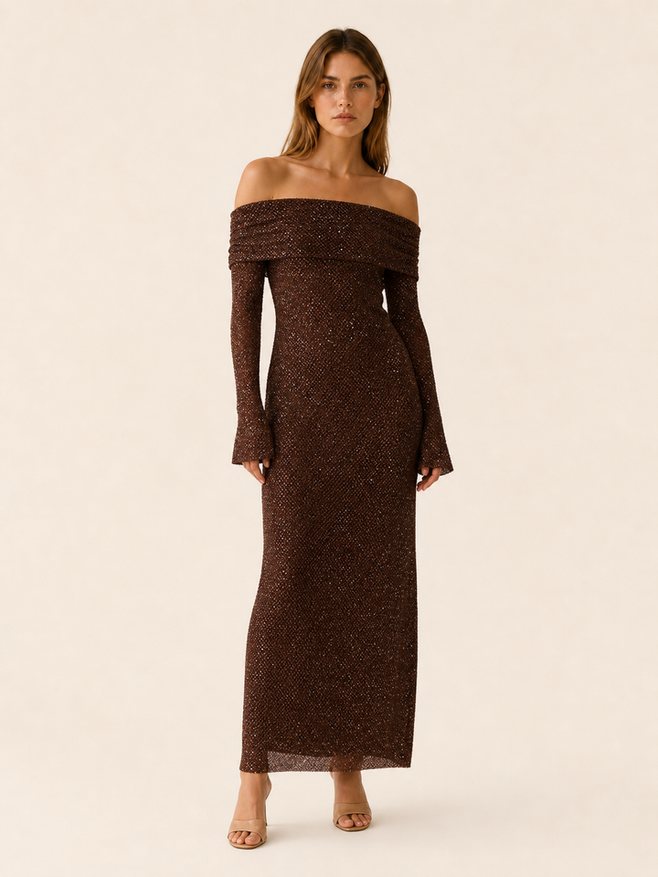 Chocolate Off Shoulder Maxi Dress with Long Sleeves – front view
