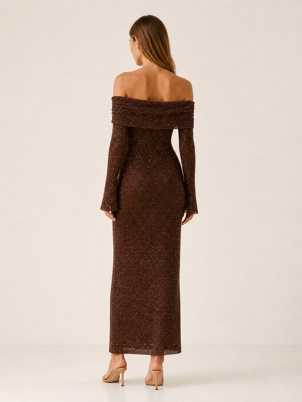 Chocolate Off Shoulder Maxi Dress with Long Sleeves – side view