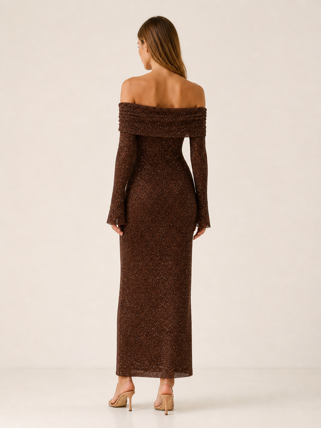 Chocolate Off Shoulder Maxi Dress with Long Sleeves – side view