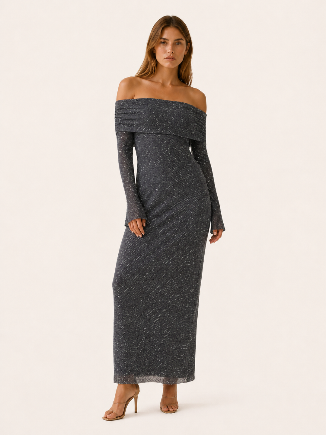 Chocolate Off Shoulder Maxi Dress with Long Sleeves – close-up