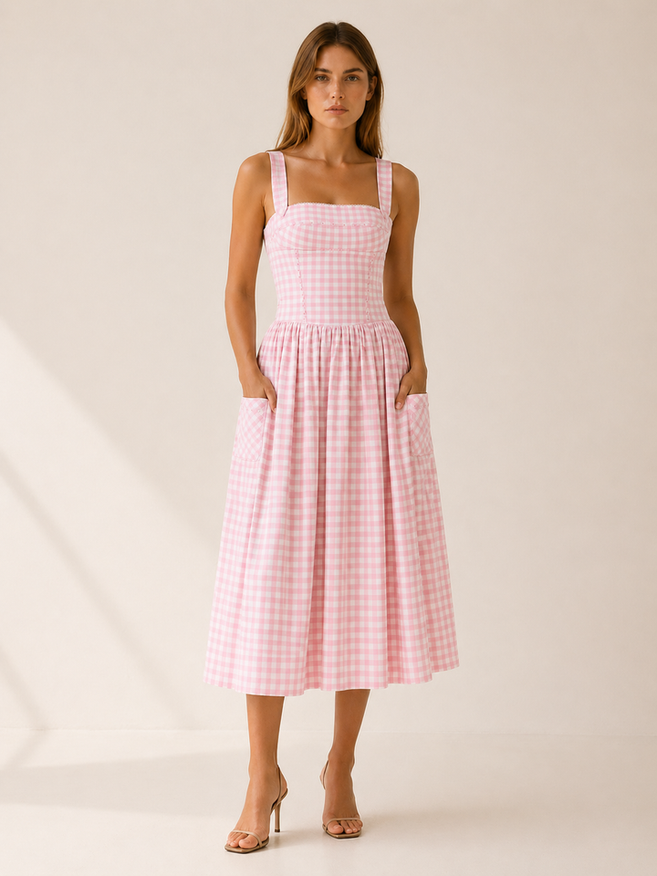 Pink Gingham Midi Sundress with Pockets – front view