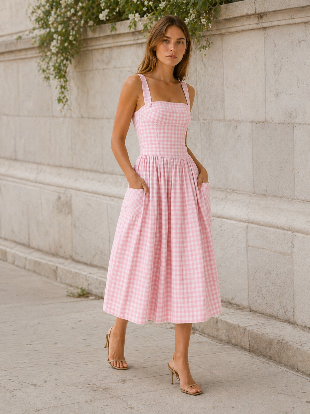 Pink Gingham Midi Sundress with Pockets – back view