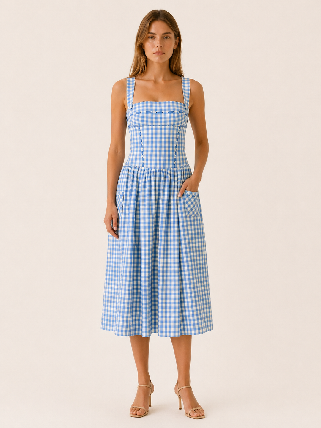 Blue Gingham Midi Sundress with Pockets – detail view