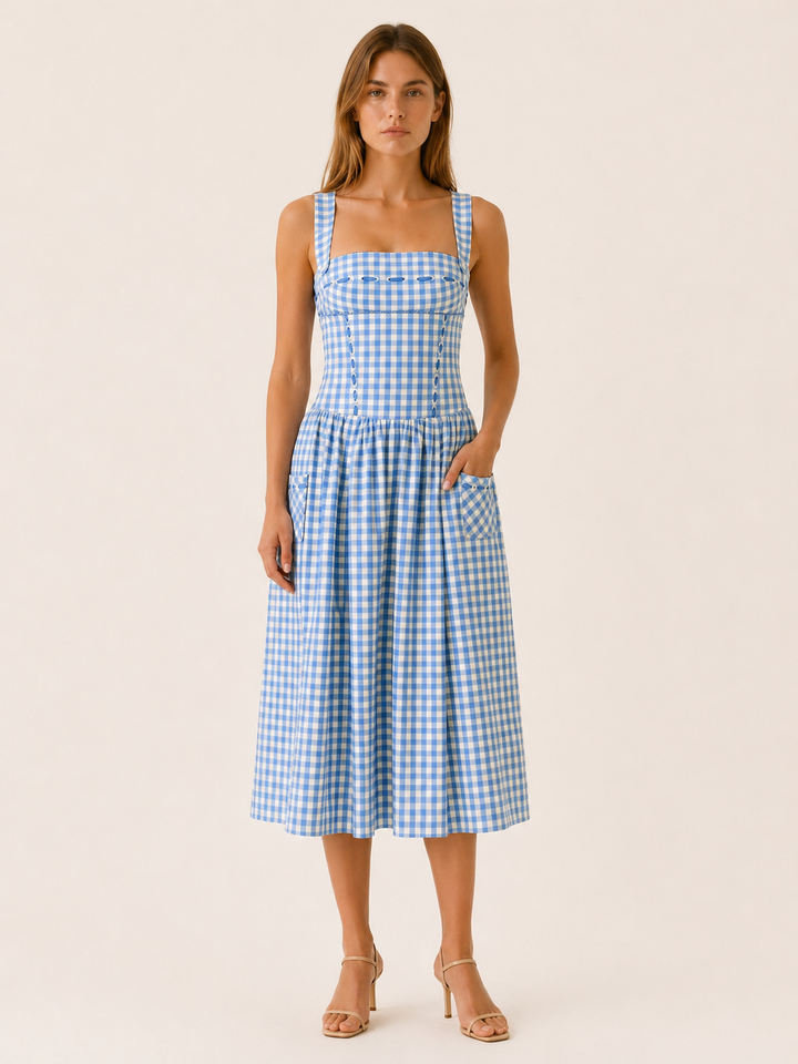 Blue Gingham Midi Sundress with Pockets – detail view