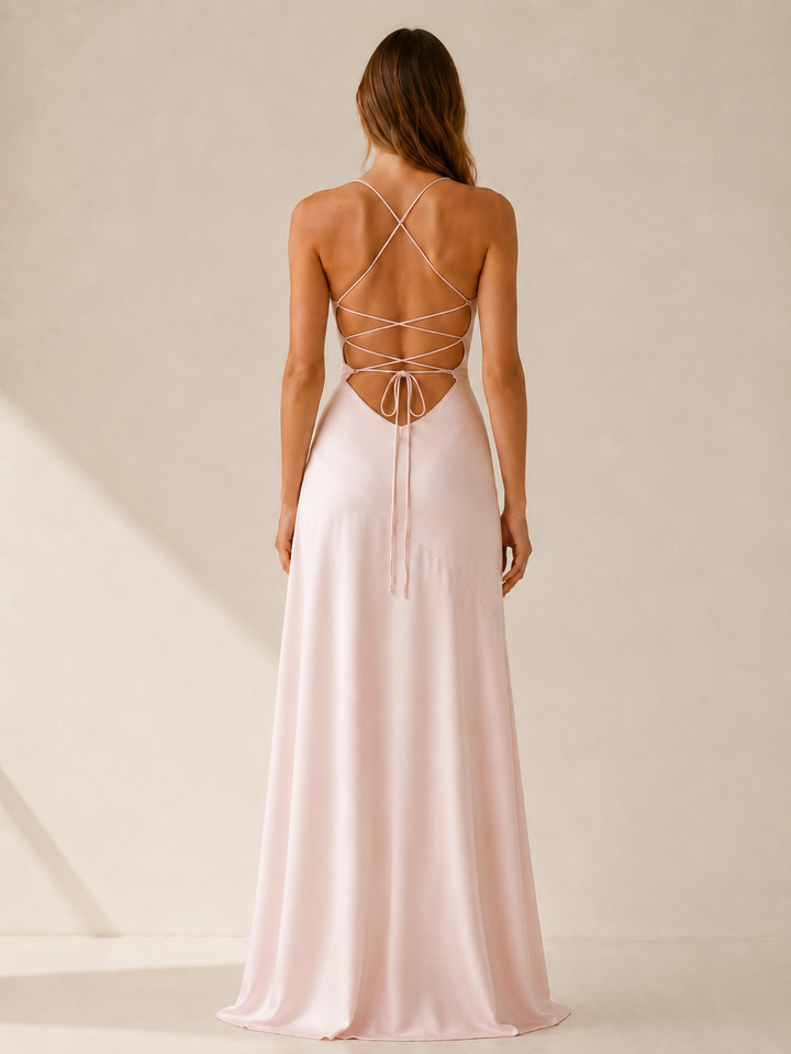 Pink High Slit Ruffle Maxi Dress – side view