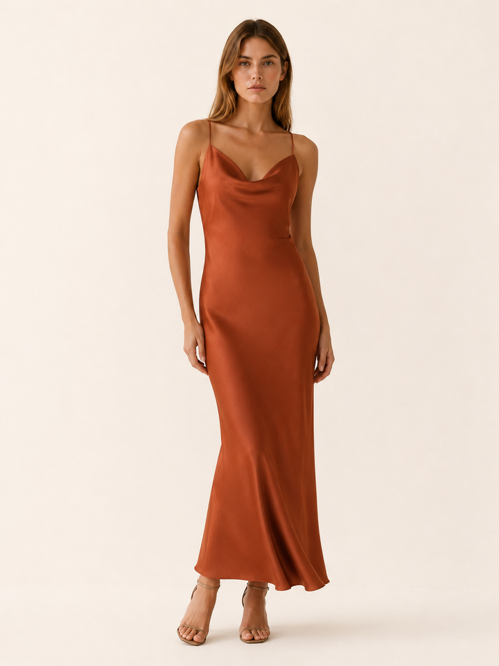 Light Green Satin Maxi Dress with Cowl Neckline – front view