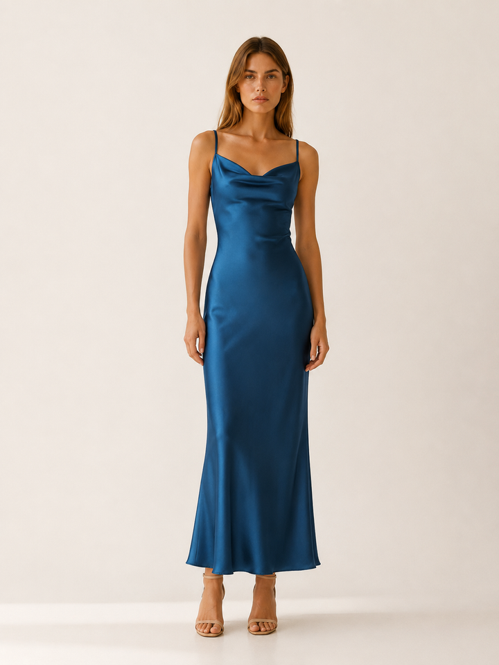 Light Green Satin Maxi Dress with Cowl Neckline – close-up