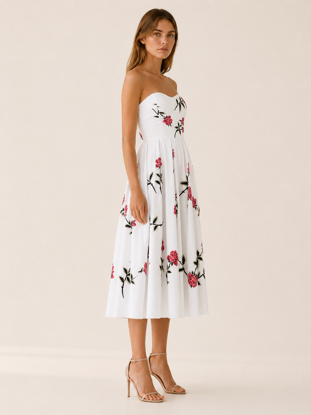 White Floral Midi Dress with Strapless A-Line Skirt – side view