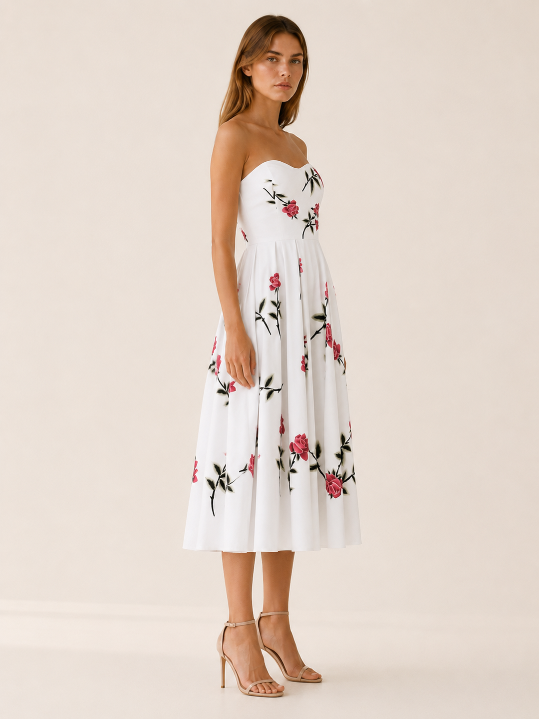 White Floral Midi Dress with Strapless A-Line Skirt – side view