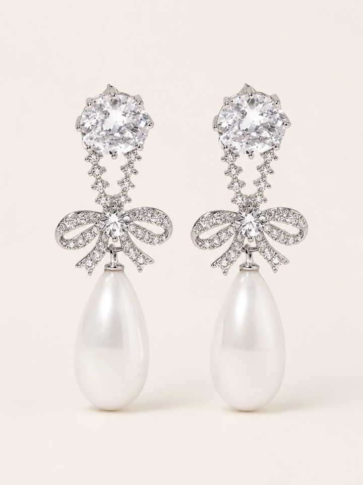 Etta | Bow Pearl Drop Earrings with Crystal Detail