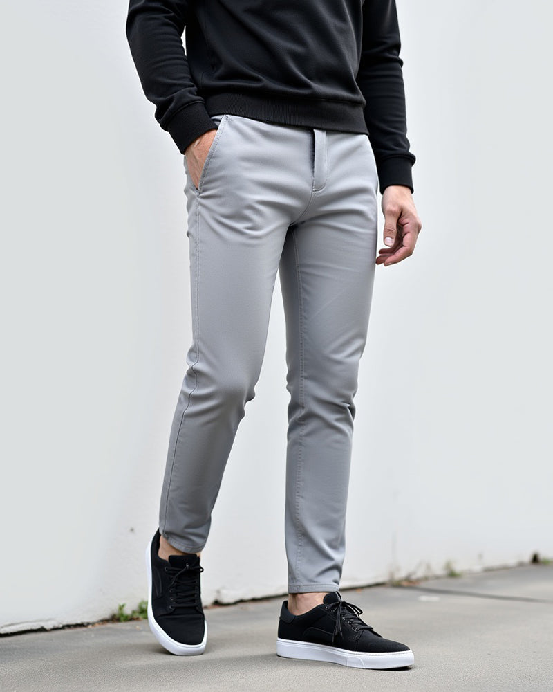 Everyday Slim Chinos Light Gray Mens Lifestyle View | The Ashwell