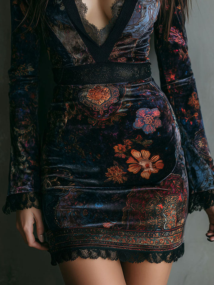 Floral velvet mini dress full length view
