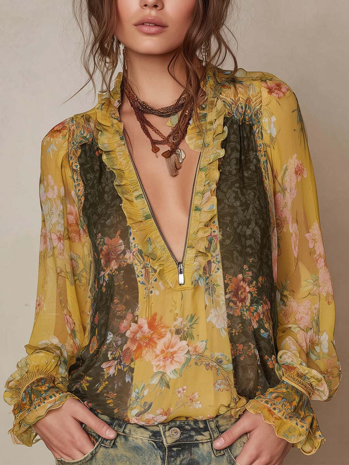 Floral chiffon zip-front ruffled blouse front view