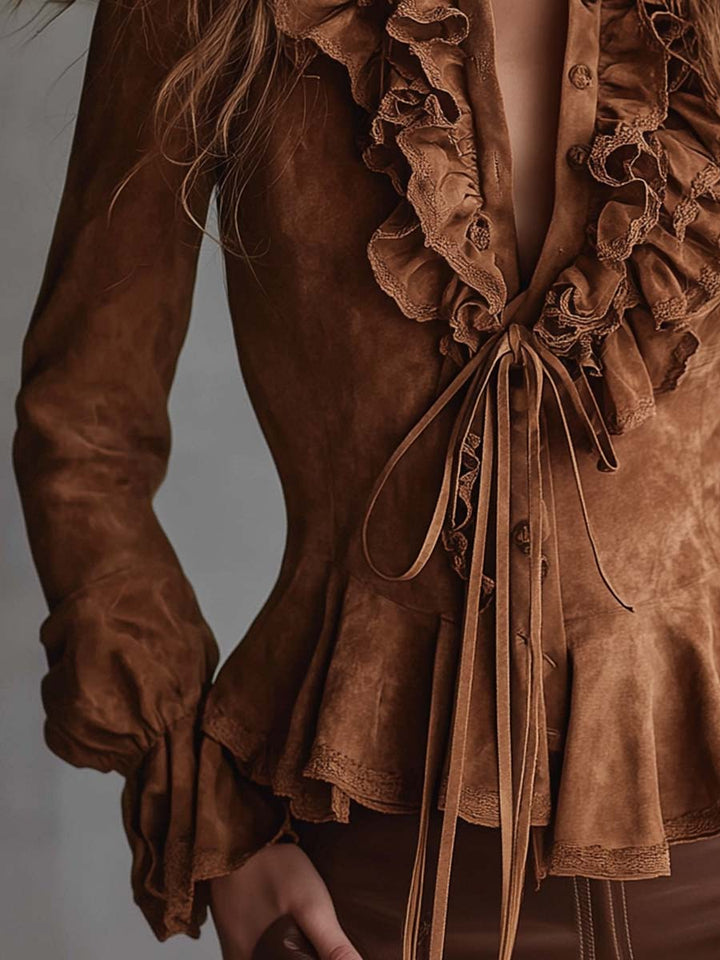 Vintage caramel eco-suede ruffle blouse lace trim side view